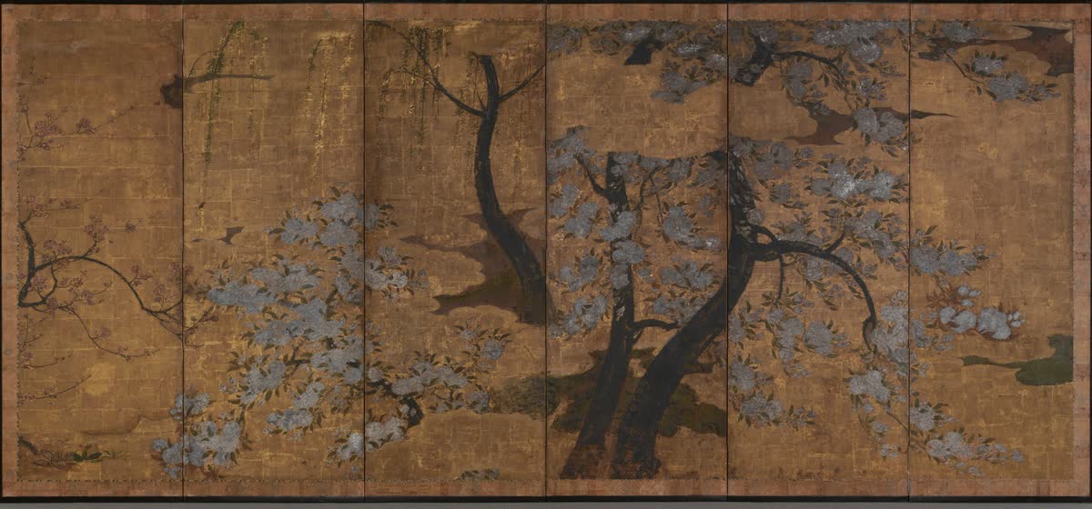 Cherry, Plum and Willow Trees, a gold-leaf folding screen