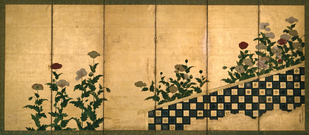 Red and White Poppies, a gold-leaf folding screen