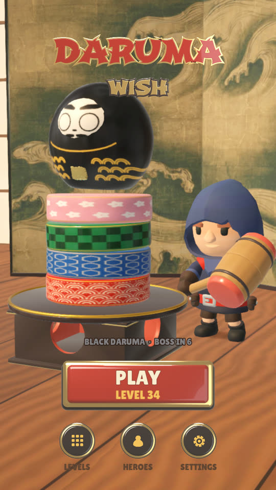 The home screen: the daruma on his tower of drums, the hero with his hammer, and the play button