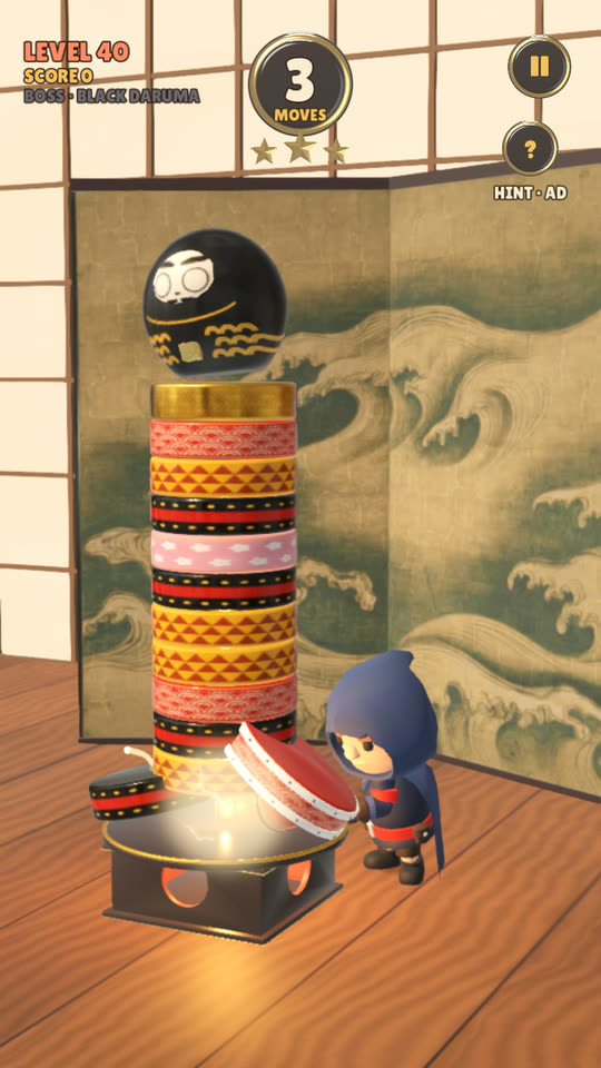 A tall boss tower with the hero striking a drum near the bottom